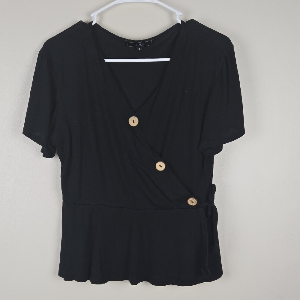 Vibe Sportswear Black Faux Wrap Peplum‎ Top Wood Buttons XL